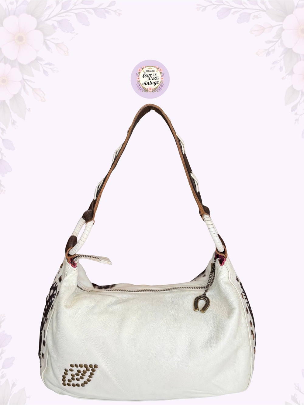 Vintage Western Betsey Johnson Leather Shoulder Bag • Y2K White & Brown Hobo - Picture 6 of 13